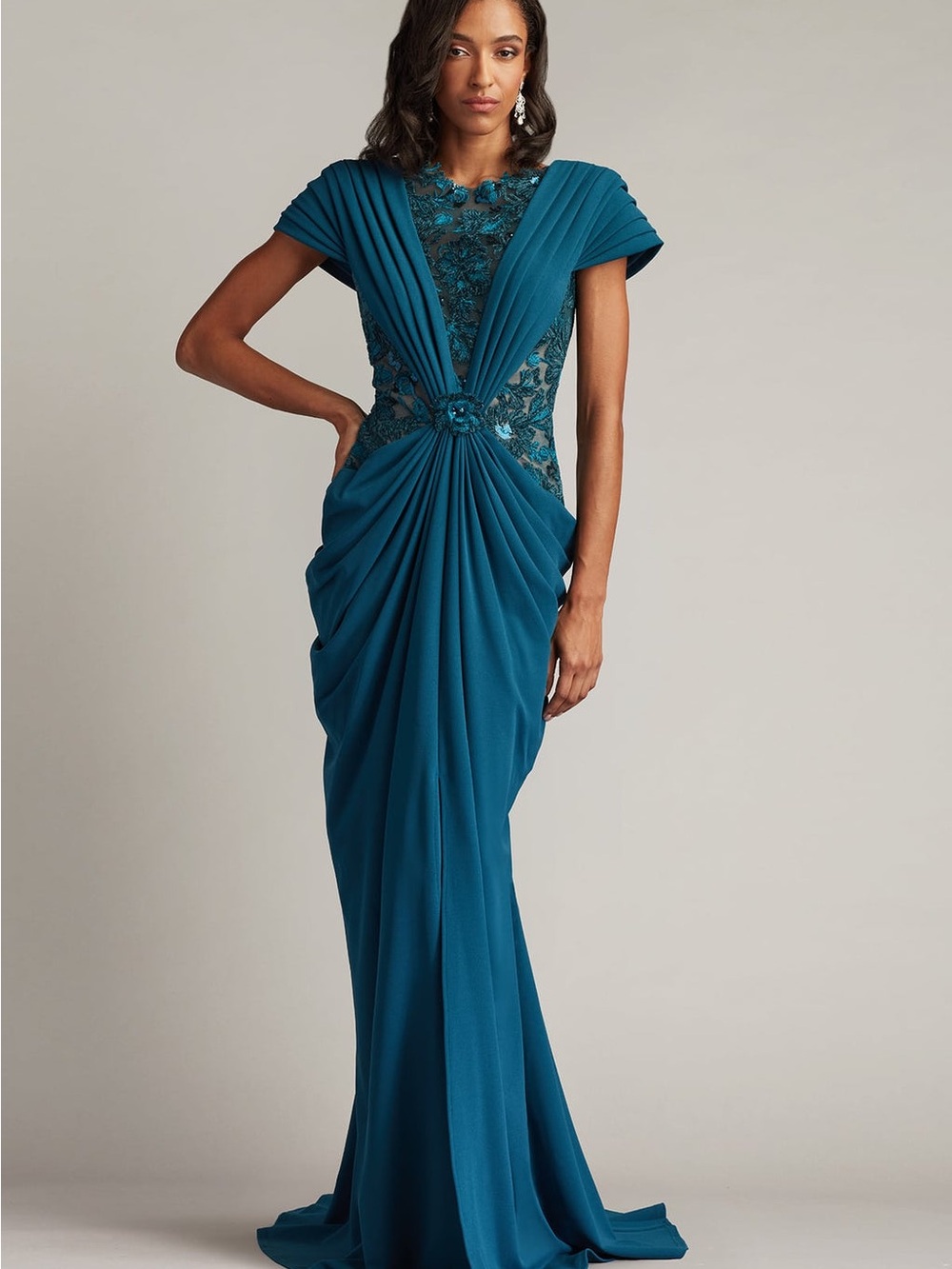 Tadashi Shoji Julina Draped Overlay Embroidered Gown